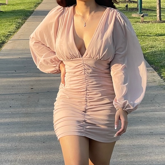 stone mesh ruched balloon sleeve bodycon dress Sassy in Beige Long Sleeve Dress